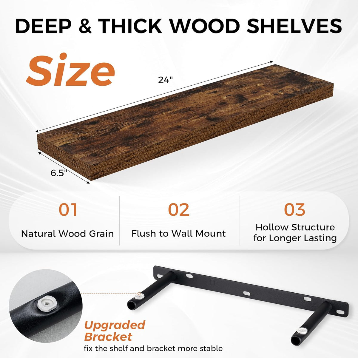 Fun Memories Floating Shelves for Wall, 24" Rustic Wood Deep Wall Mounted Shelves with Invisible