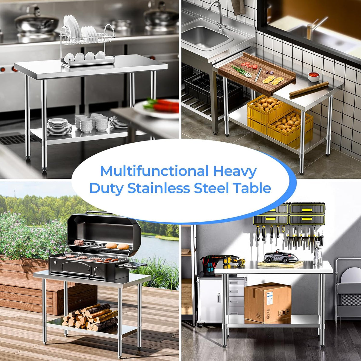 NUUK Stainless Steel Worktable 24 x 48 Inch Heavy Duty Commercial Workstation Adjustable Height