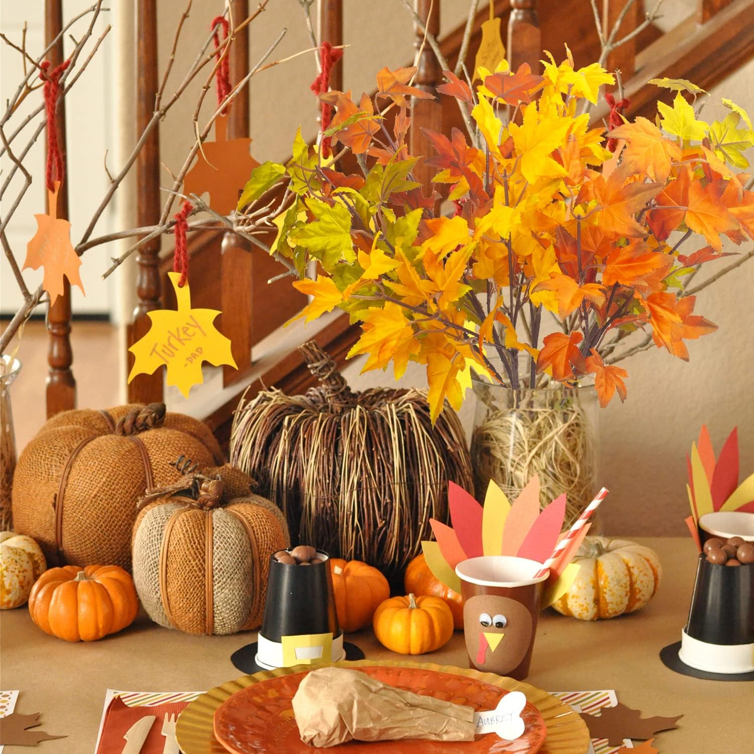 6Pcs Artificial Maple Leaves Branches Fake Fall Maple Shrubs for Thanksgiving Christmas Festival