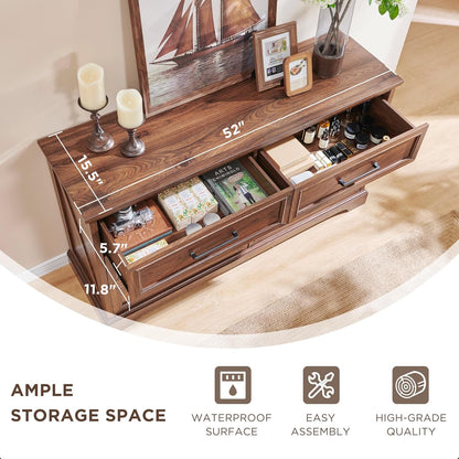 Farmhouse 6 Drawer Dresser for Bedroom, 52 Inch Wide Modern Dresser TV Stand with Large Drawers &