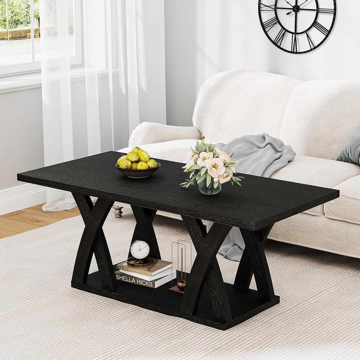 47” Wood Coffee Tables for Living Room Rustic Stands with Storage Shelf Black Coffee Tables for