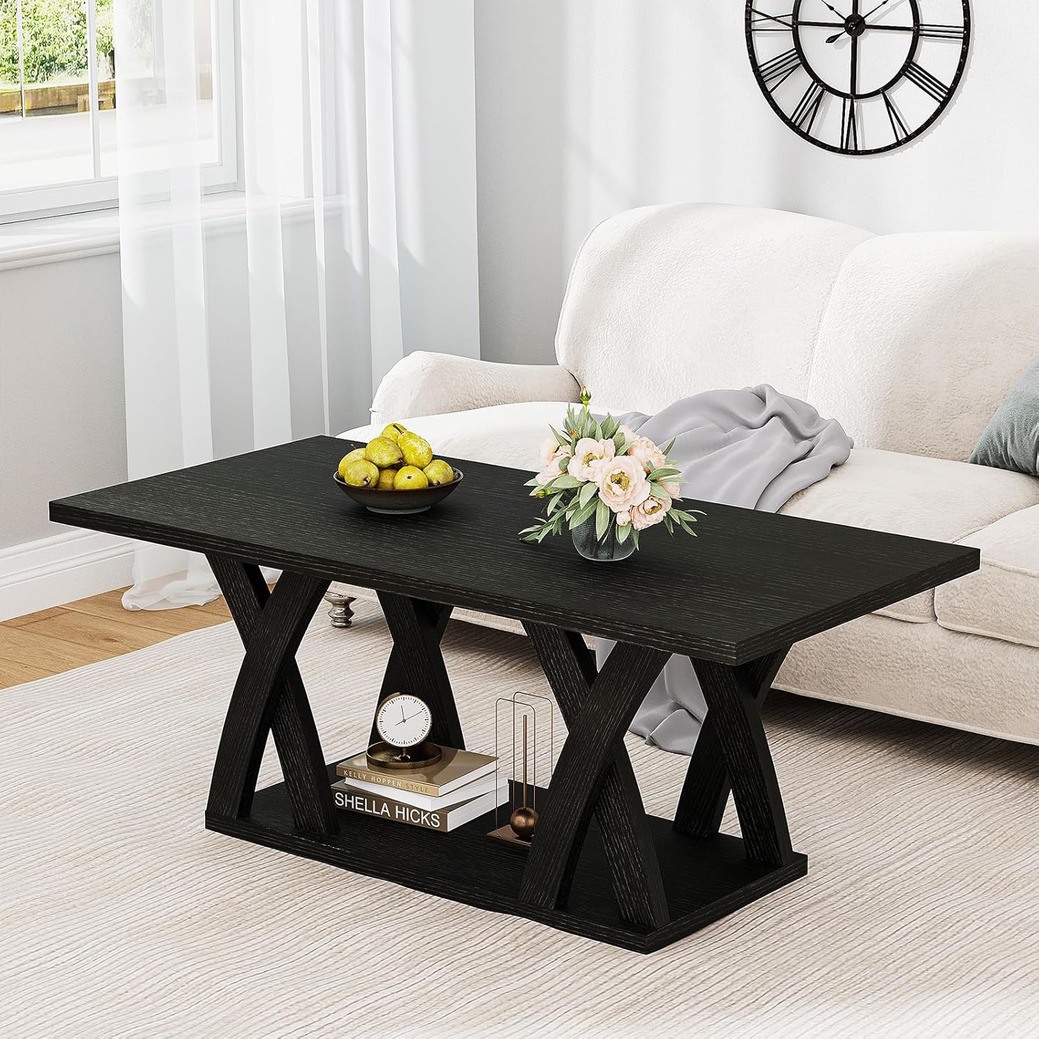 47” Wood Coffee Tables for Living Room Rustic Stands with Storage Shelf Black Coffee Tables for