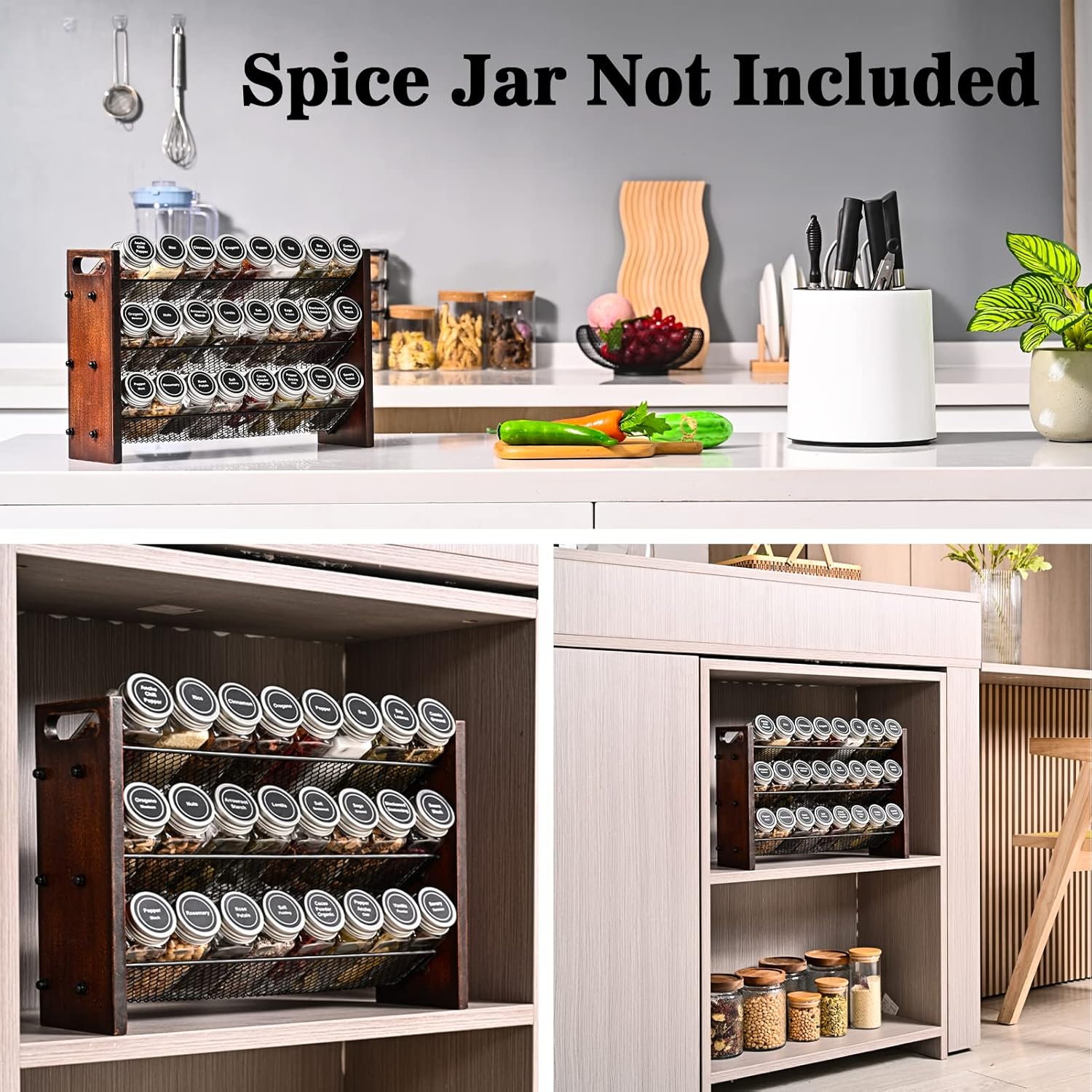 Spice Rack, Spice Rack Organizer without Seasoning Jars, Wooden Rustic 3 Tier Kitchen Spice