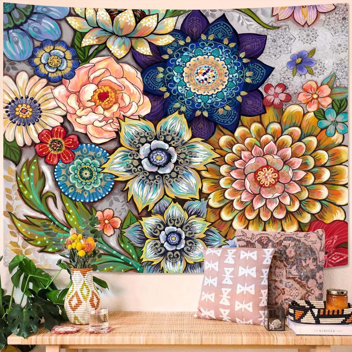 Neasow Colorful Floral Tapestry Wall hanging, Bright Boho Fabric Blossom Tapestries, Multi Color