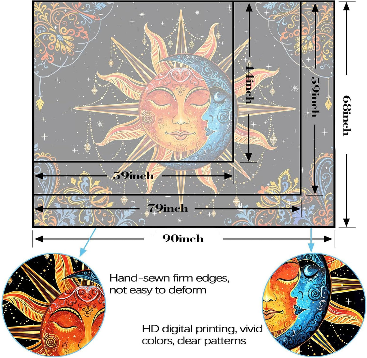 Lunerfex Sun and Moon Tapestry Mandala Wall Tapestry, Cute Tapestries for Bedroom Ceiling
