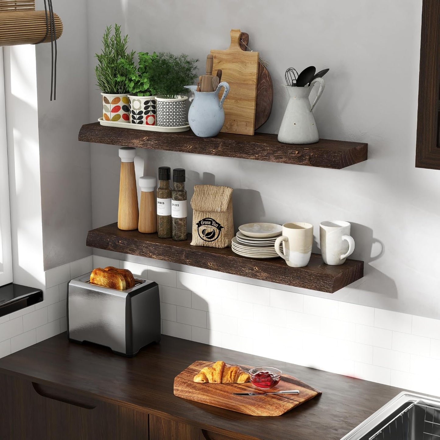Solid Elm Wood Floating Shelves, 36 Inch Wood Floating Shelves for Wall, Live Edge Wooden Shelves