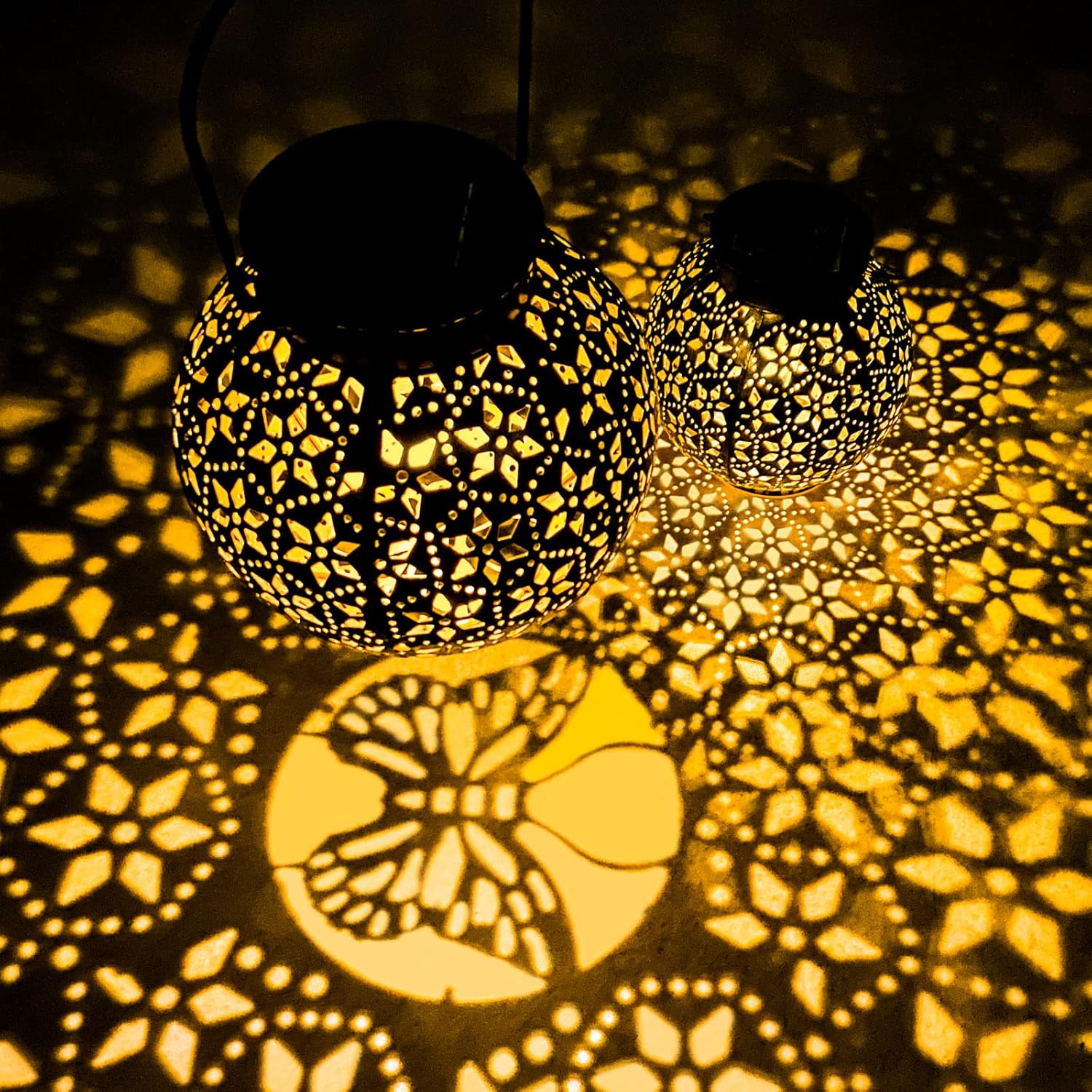 2 Pack Outdoor Solar Lantern Lights, Waterproof Tabletop LED Moroccan Lanterns, Hanging Metal