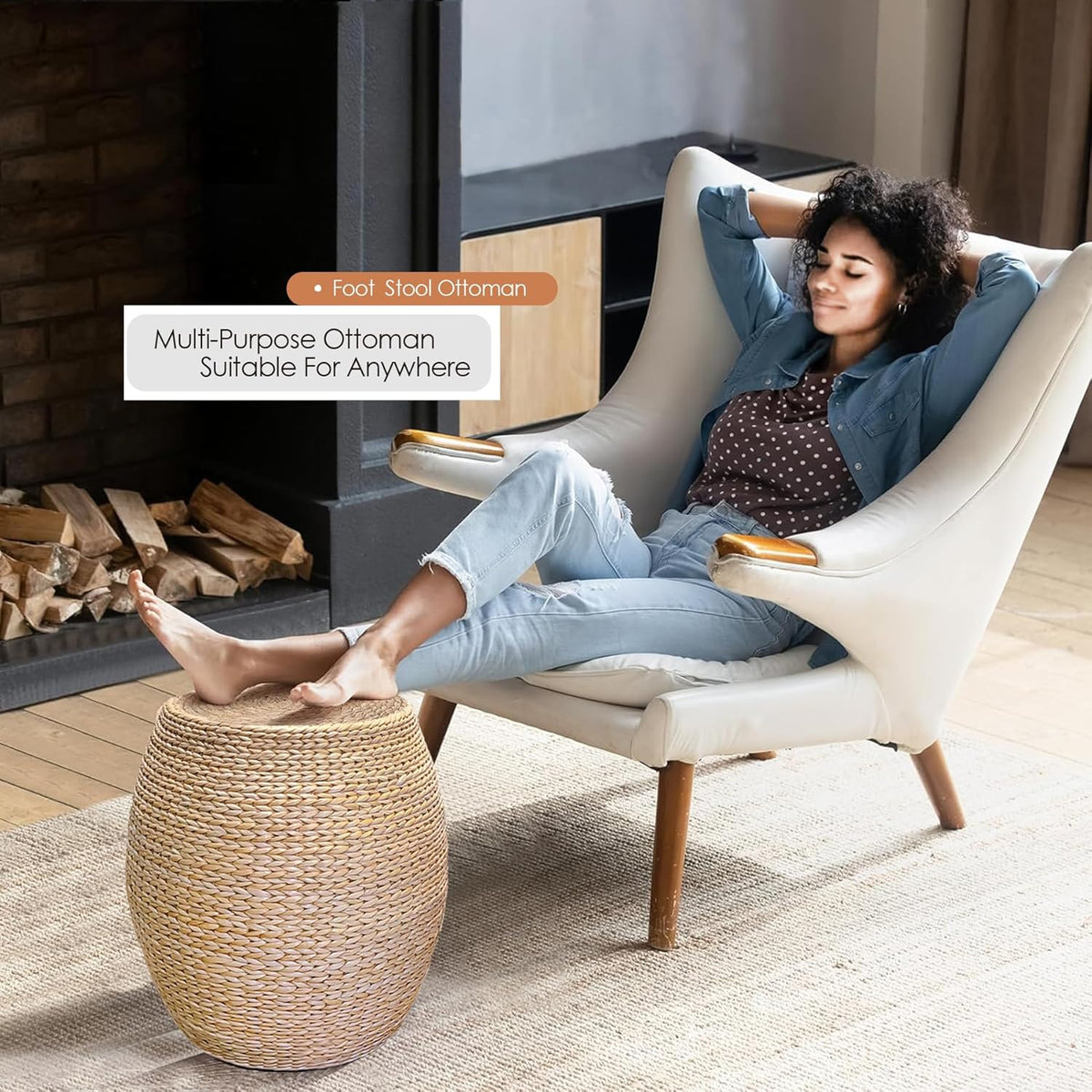 Round Poufs Ottoman,Hand Woven Natural Braided Cattail Ottomans Pouf for Patio,Home,Office,Living
