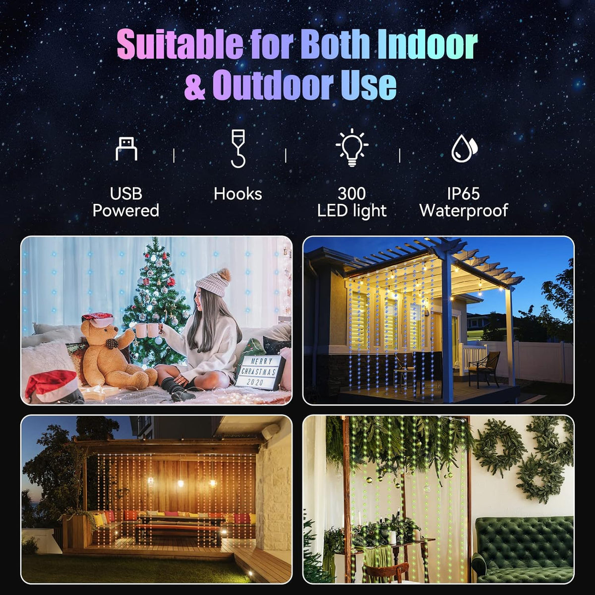 Dazzle Bright Window Curtain Fairy Lights, 300 LED RGB Color Changing Copper Fairy Lights with