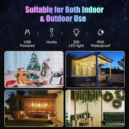 Dazzle Bright Window Curtain Fairy Lights, 300 LED RGB Color Changing Copper Fairy Lights with