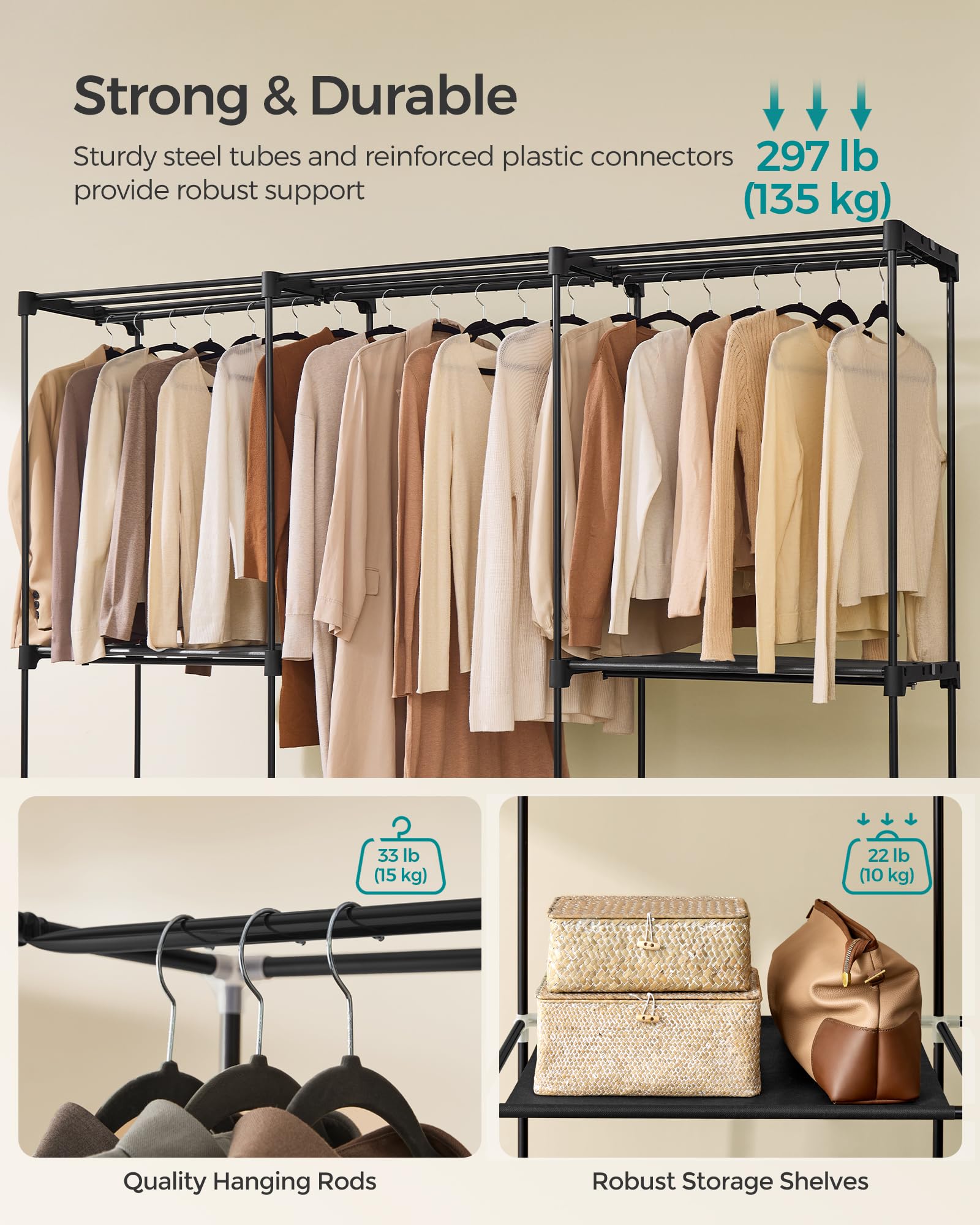 SONGMICS Portable Closet, Freestanding Closet Organizer, Clothes Rack with Shelves, Hanging Rods