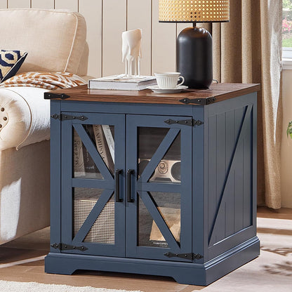 24" End Table with Charging Station, Farmhouse Night Stand with Glass Barn Door, White Nightstands
