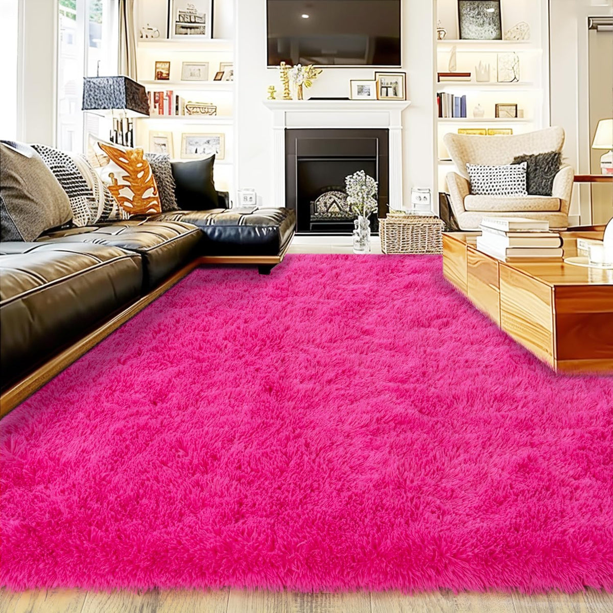 Extra Large Fluffy Area Rug for Bedroom Living Room, 9x12 Feet Hot Pink Modern Indoor Carpets Room