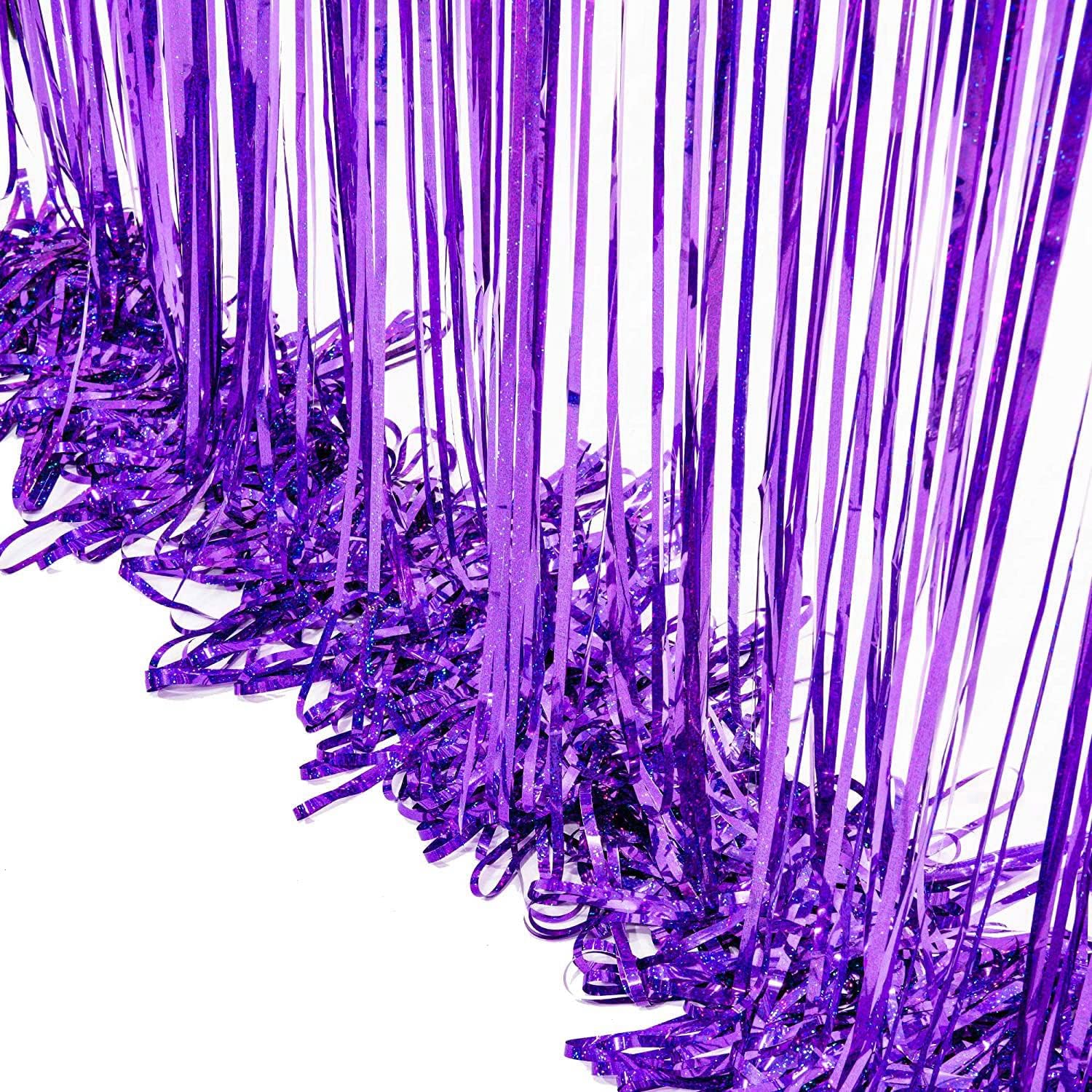 BRAVESHINE Purple Tinsel Foil Fringe Curtains - 2Pcs 3.2x8.2ft Metallic Holidays Photo Backdrop for