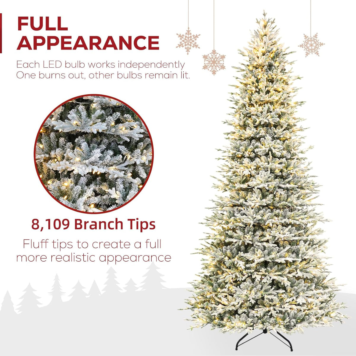 Hykolity 12 ft Prelit Snow Flocked Artificial Christmas Tree, 8109 PE&PVC Branch Tips, 850 Warm