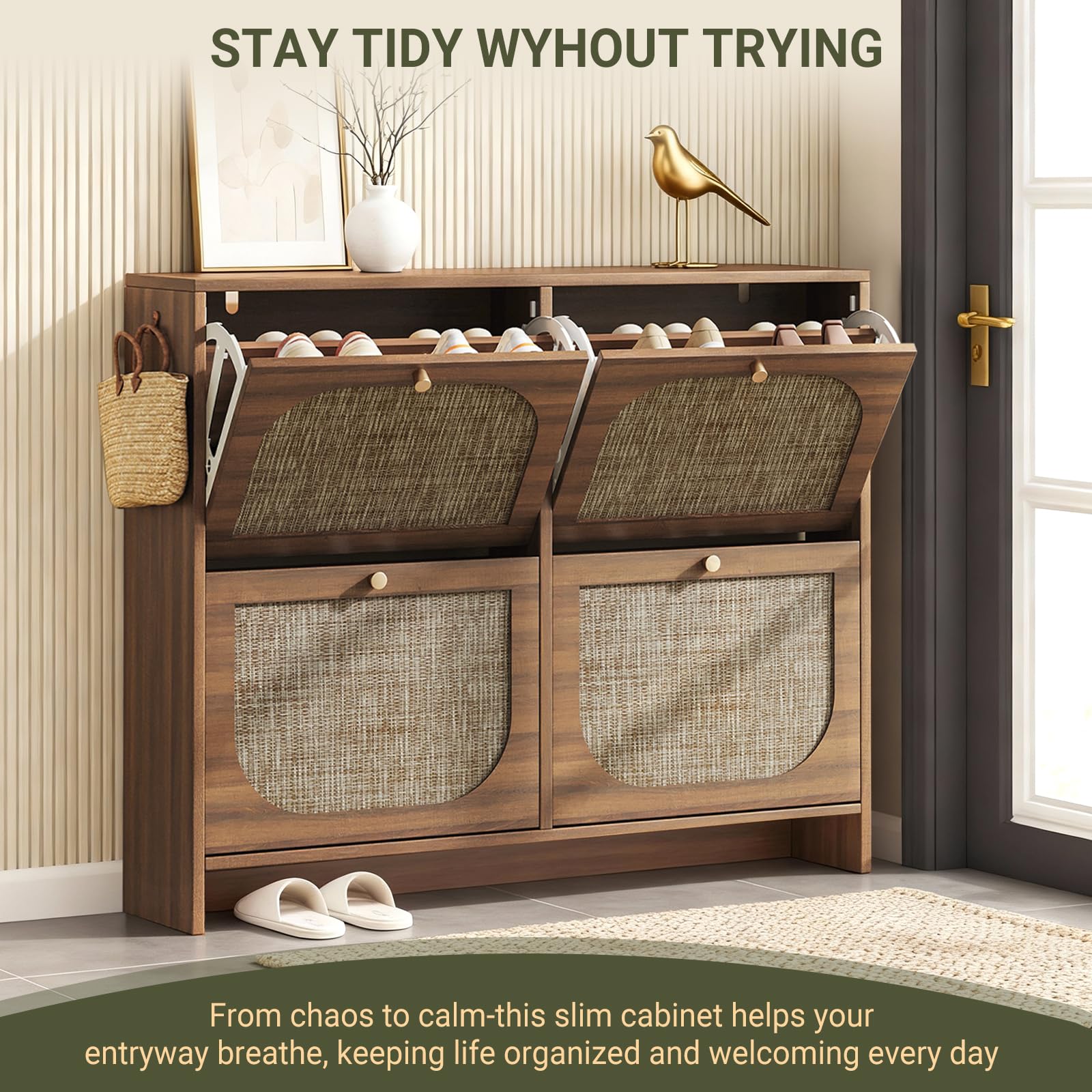 Nicetree Freestanding Ultra Slim Fluted Accent Shoe Storage Cabinet for Entryway - 4 Flip Drawers &