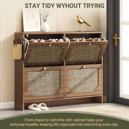 Nicetree Freestanding Ultra Slim Fluted Accent Shoe Storage Cabinet for Entryway - 4 Flip Drawers &
