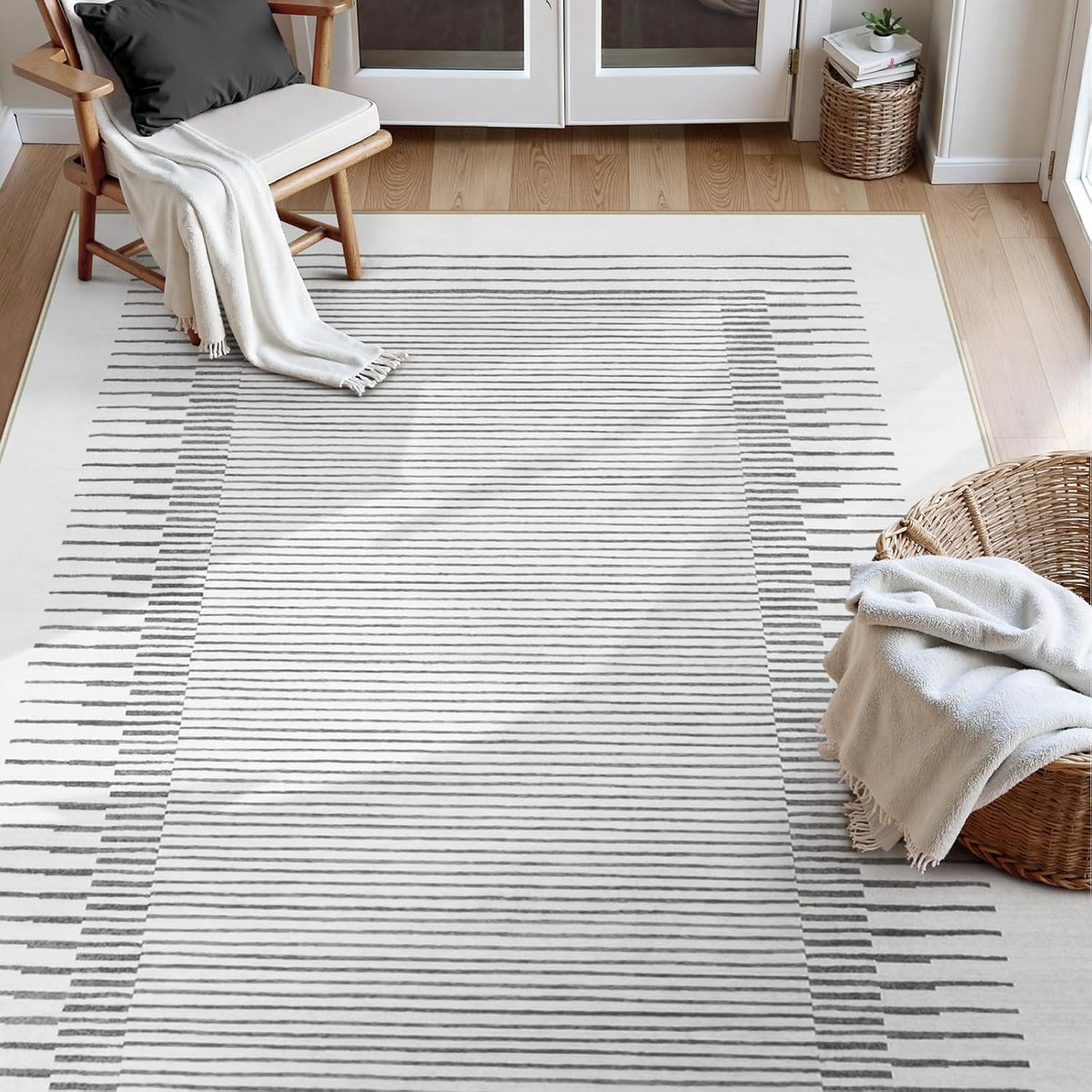Wonnitar 5x7 Washable Striped Living Room Area Rug, Non-Slip Grey Boho Rugs for Bedroom, Low Pile