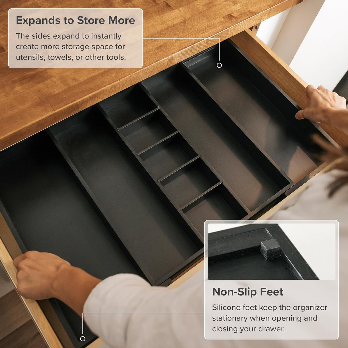 Adjustable Kitchen Drawer Organizer for Utensils and Junk, Food-Safe Contract Grade with 100%