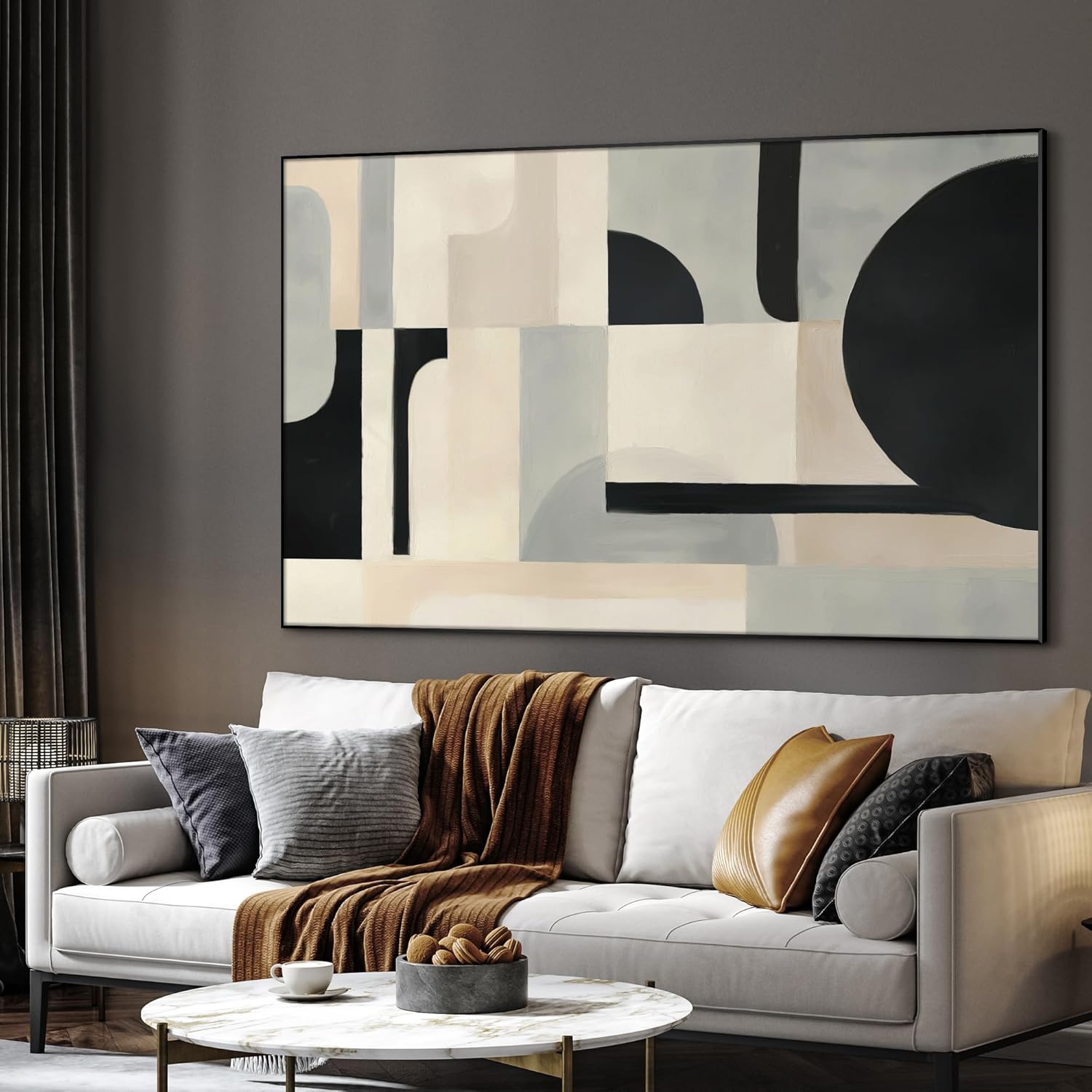 SIGNWIN 46"x72" Extra Large Framed Wall Art Modern Neutral Abstract Geometric in Black and Beige