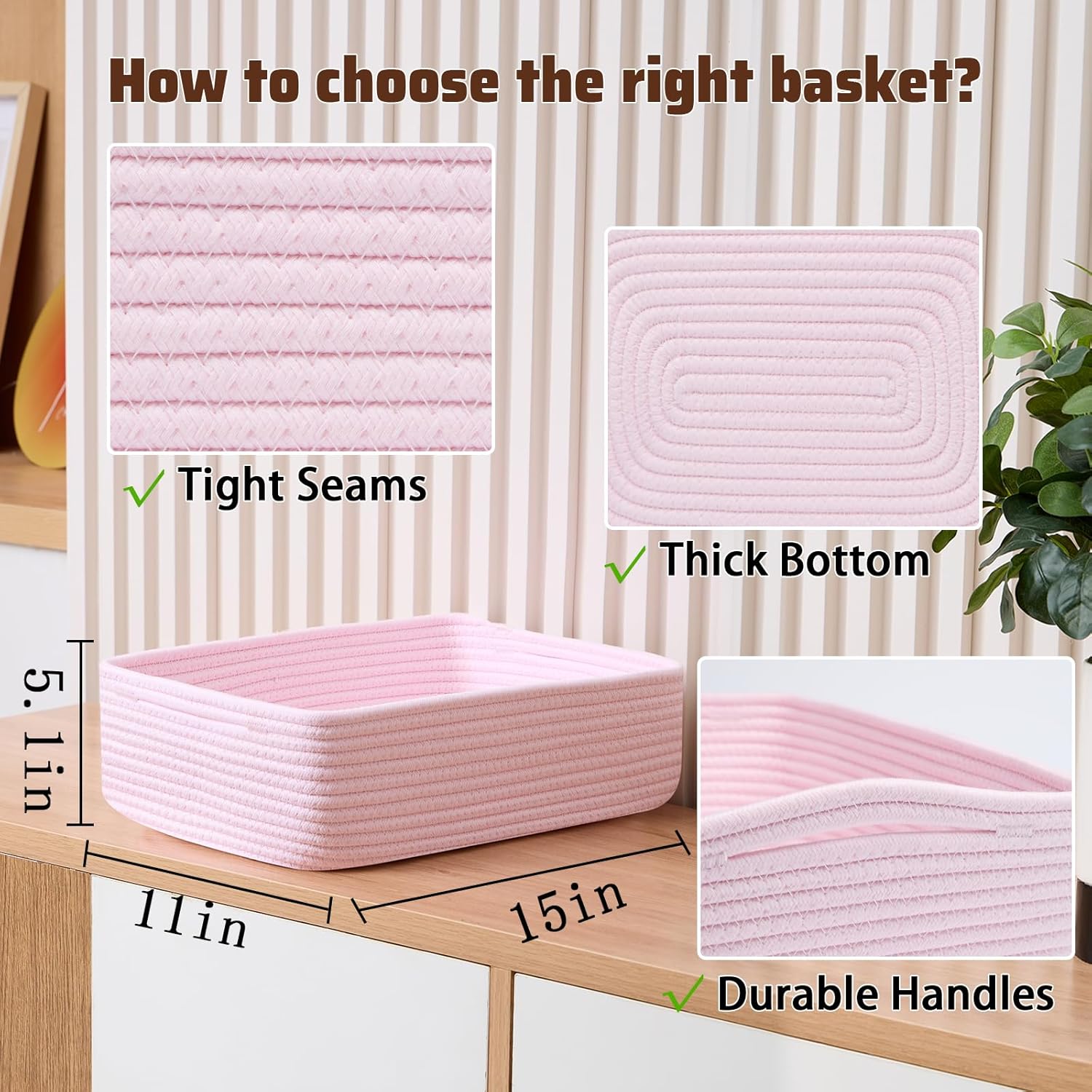 Large Shallow Organizing Baskets 15x11x5.1 Inches - Rope Woven Storage Bins for Bathroom, Shelves