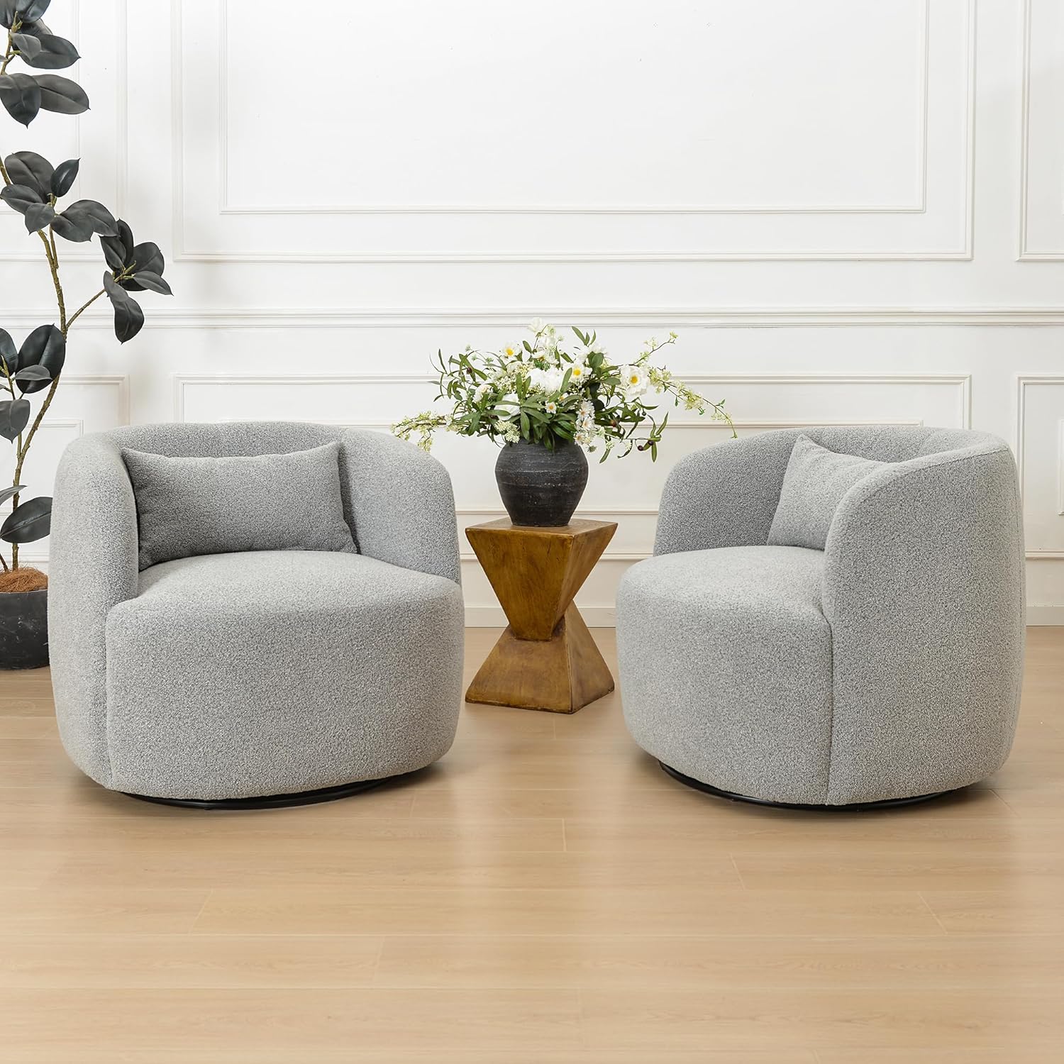 KINWELL 34" Wide Sherpa Swivel Barrel Chairs Set of 2, No Assembly Round Boucle Upholstered Accent