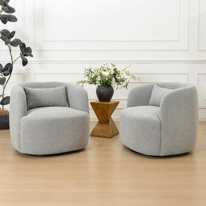 KINWELL 34" Wide Sherpa Swivel Barrel Chairs Set of 2, No Assembly Round Boucle Upholstered Accent