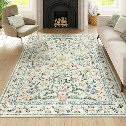 Wonnitar Washable 6x9 Area Rugs, Soft Floral Rug for Bedroom Kids Playroom Light Colored Carpet