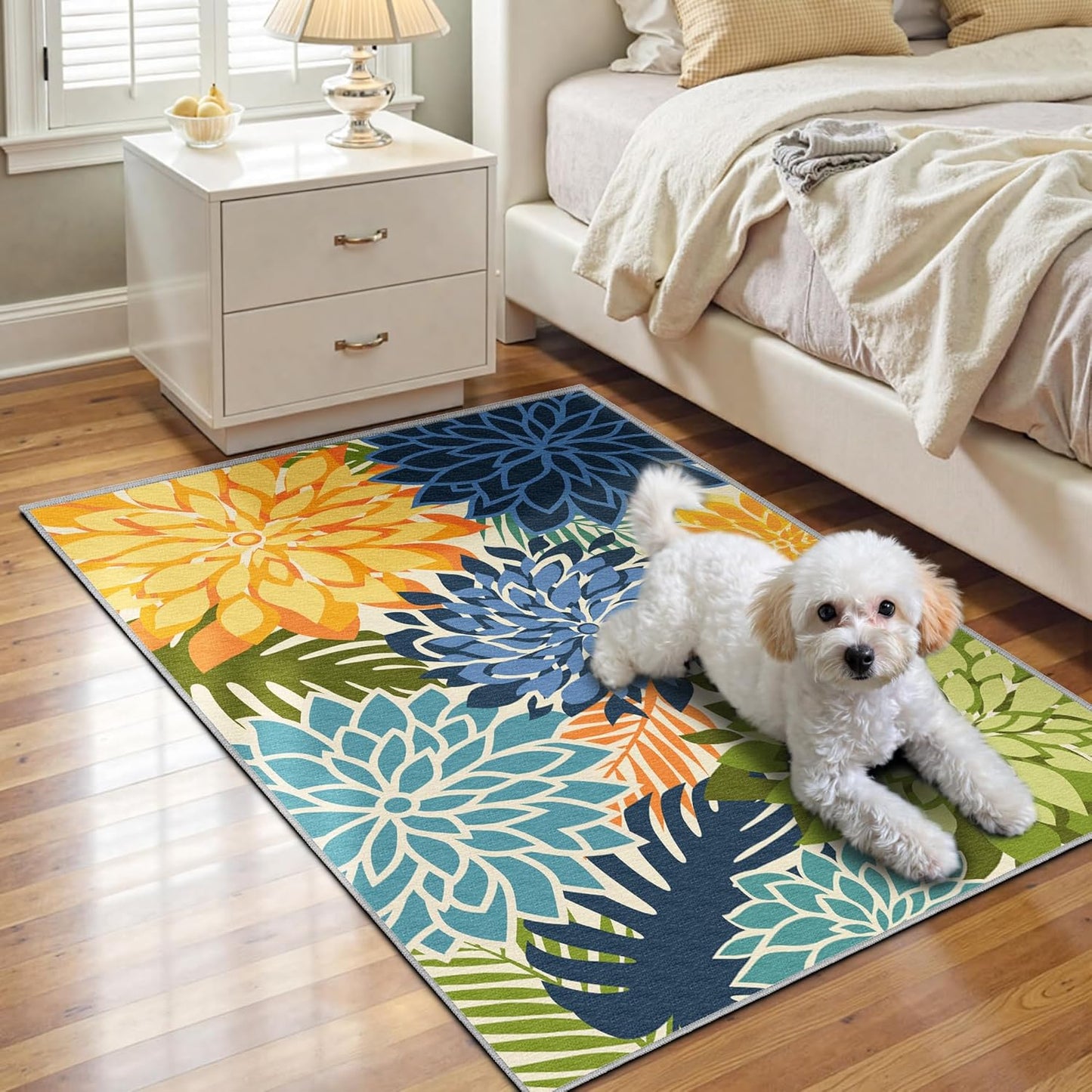 Area Rug 2x3 Yellow Green Washable Entry Small Rug Multicolored Tropical Botanical Modern Floral