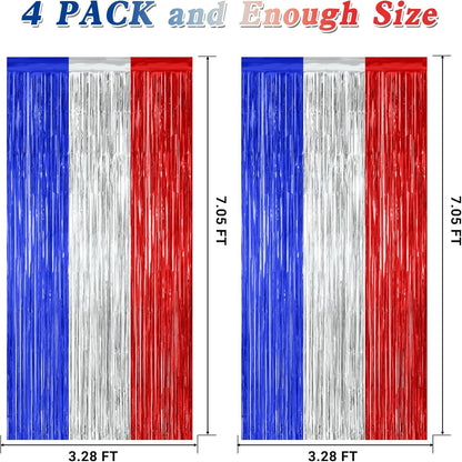 4 Pack 4th of July Decorations, 3.28 FT x 7.05 FT Independence Photo Backdrop, Metallic Blue Silver