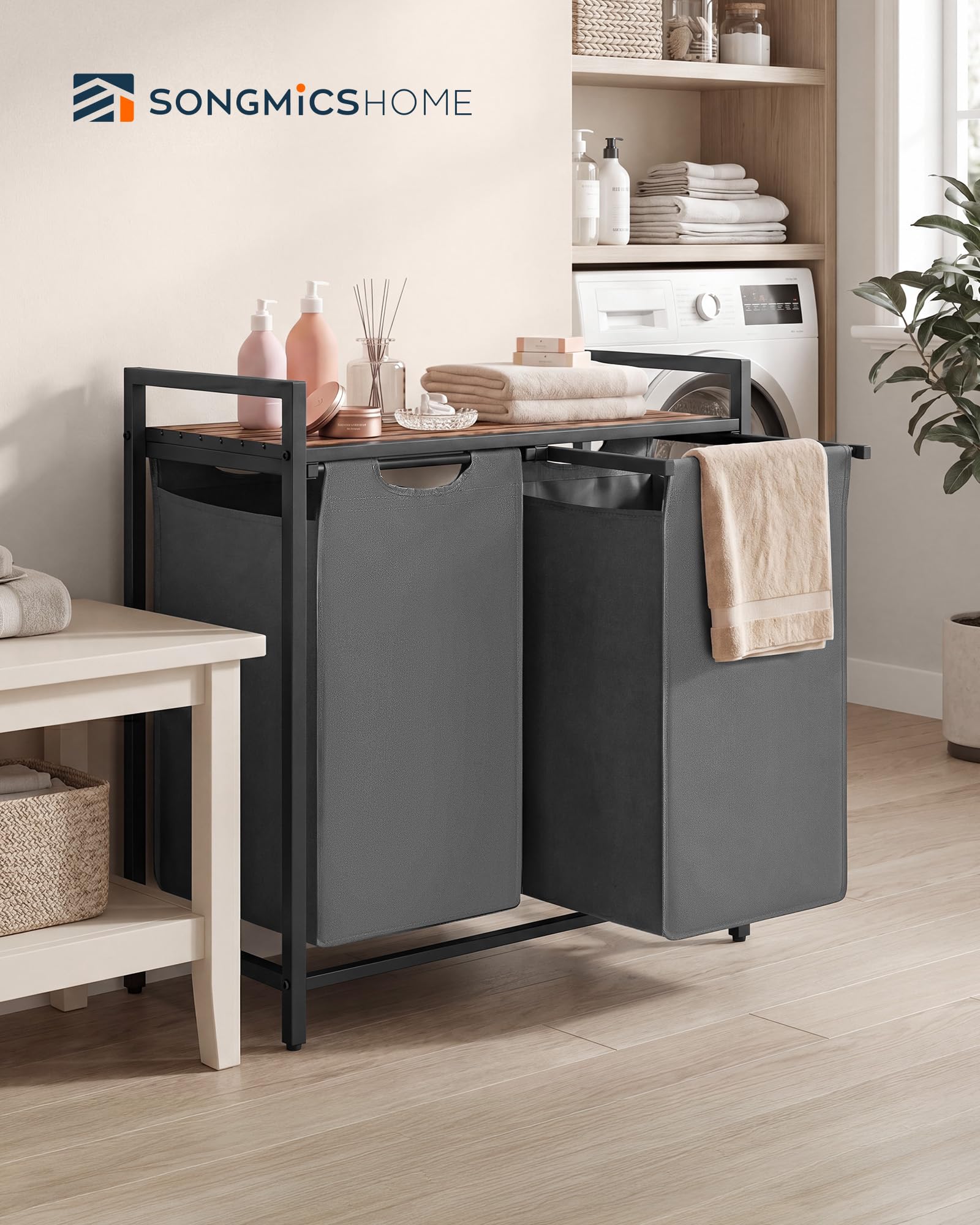 SONGMICS HOME Laundry Basket Sorter with Storage Shelf, Laundry Hamper with Metal Frame, 2 x 12.1