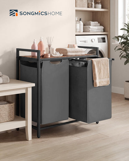 SONGMICS HOME Laundry Basket Sorter with Storage Shelf, Laundry Hamper with Metal Frame, 2 x 12.1