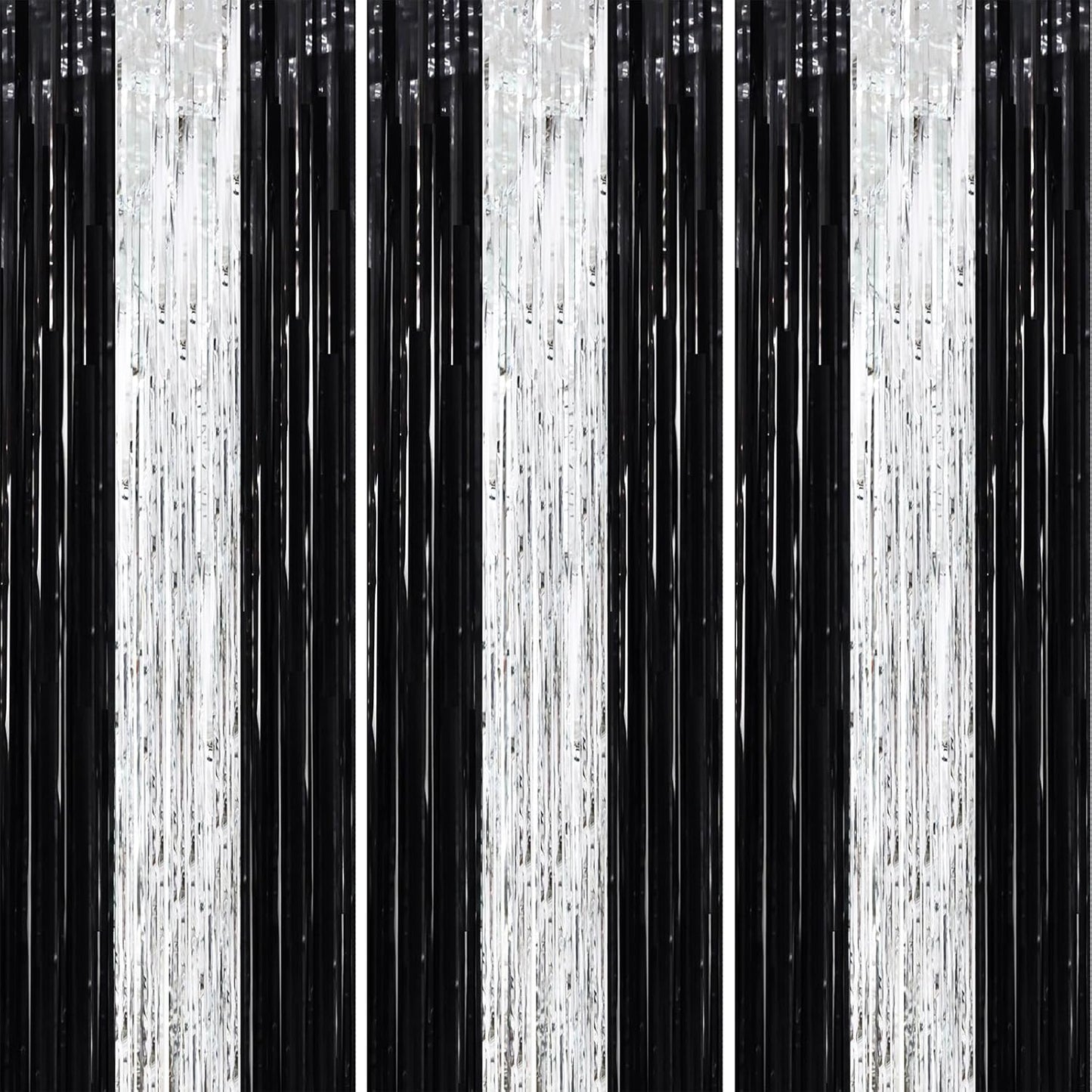 3 Pack 3.3 x 8.2 ft Black and Silver Foil Fringe Backdrop Curtains, Tinsel Streamers Party