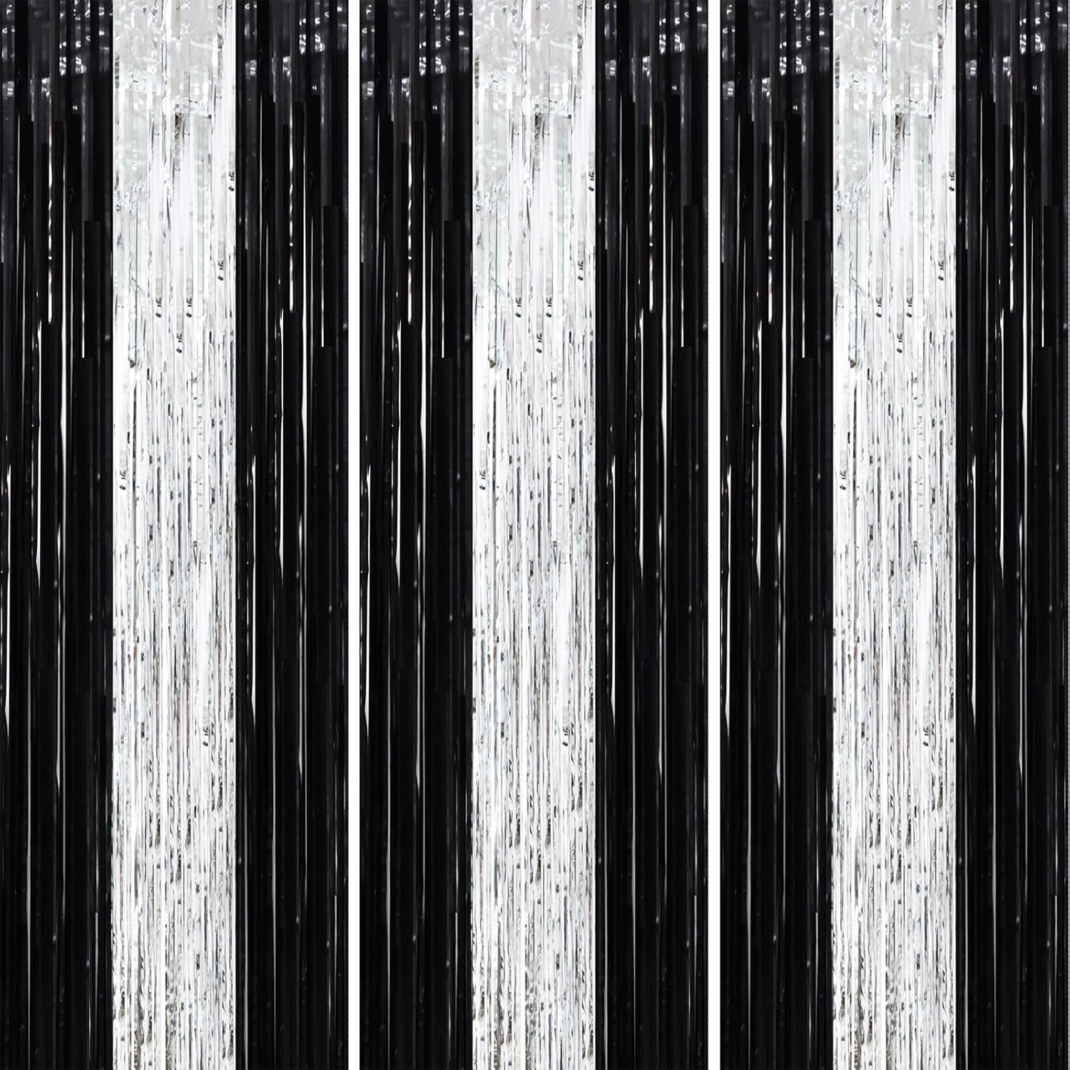 3 Pack 3.3 x 8.2 ft Black and Silver Foil Fringe Backdrop Curtains, Tinsel Streamers Party