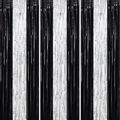 3 Pack 3.3 x 8.2 ft Black and Silver Foil Fringe Backdrop Curtains, Tinsel Streamers Party