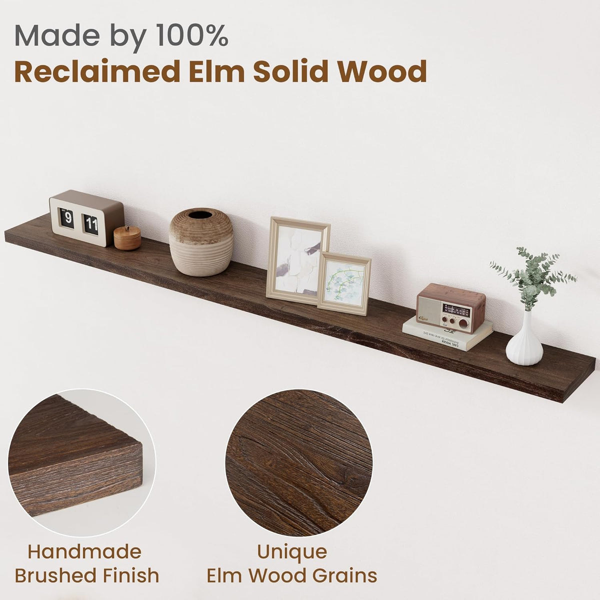Floating Shelves for Wall Decor, 8 Inch Deep Rustic Solid Elm Wood Floating Shelves Wall Mounted