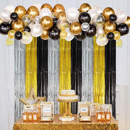 3 Pack 3.3 x 8.2 ft Black Gold Silver Foil Fringe Backdrop Curtains, Tinsel Streamers Party