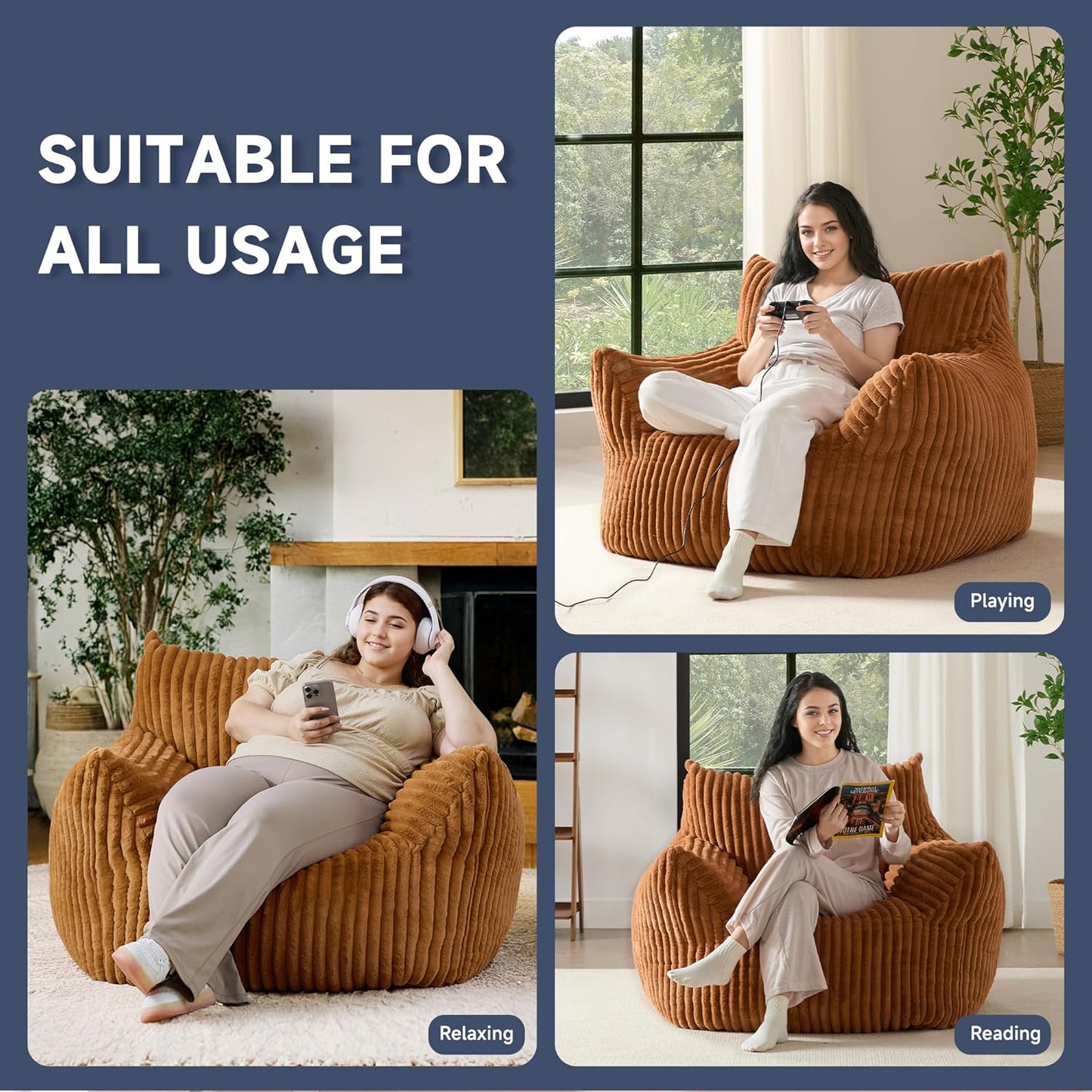 Oversized Bean Bag Chair for Adults, Giant Comfy Plush Boneless Bean Bag Couch with Filler for Kids