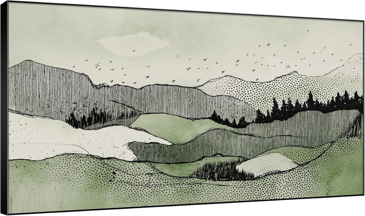 SIGNWIN 36"x60" Extra Large Framed Wall Art Green Line Art Mountain Landscape Illustration for Home