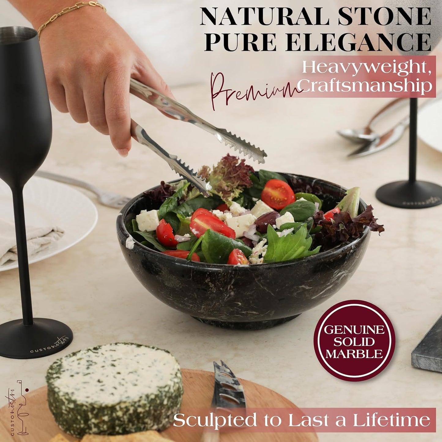Gusto Nostro 8" Luxury Black Marble Decorative Bowl for Coffee Table - Elegant Modern Fruit Bowl