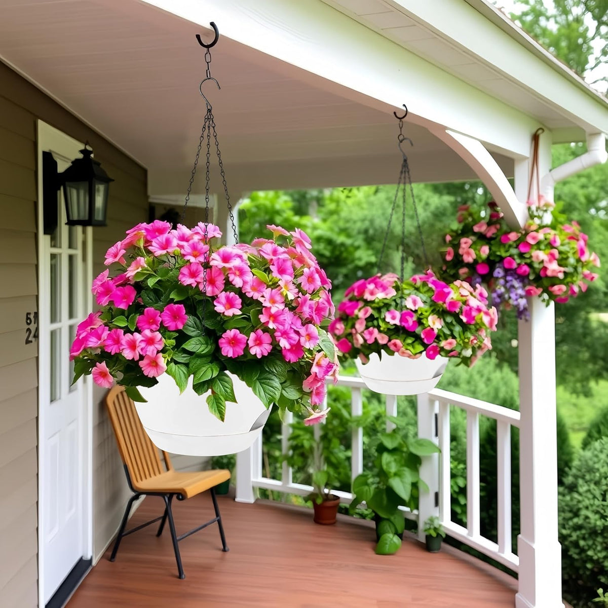 2 Pack 12 Inch Large Hanging Planters with Chains Self Watering White Plastic Hanging Pots for