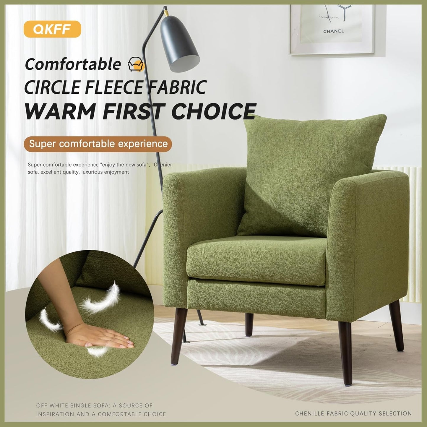 Barrel Accent Chair with Back Pillow, Large Upholstered Armchair with Solid Wood Legs Modern