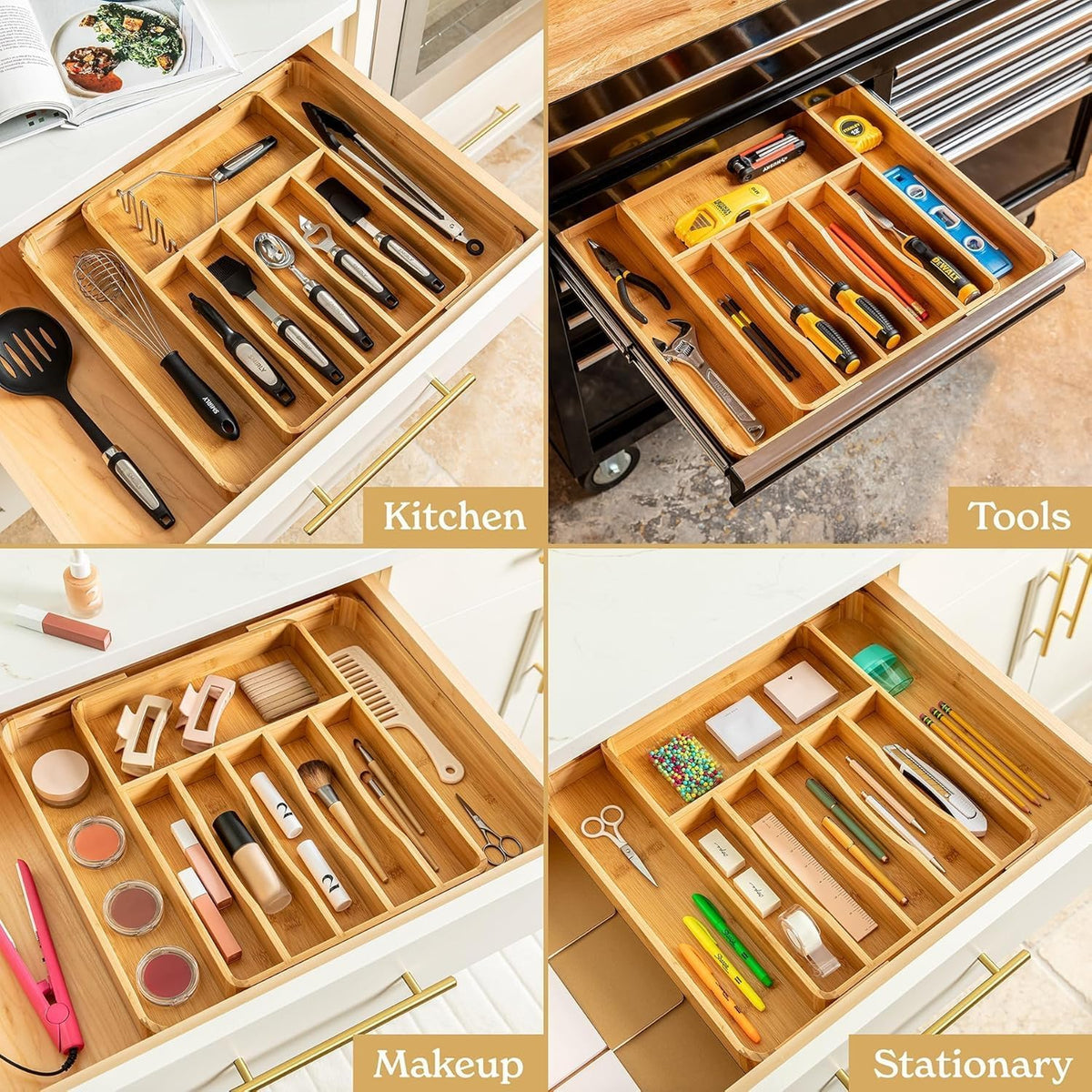 SMIRLY Silverware Drawer Organizer – Bamboo Kitchen Drawer Organizer, Adjustable Utensil Holder and