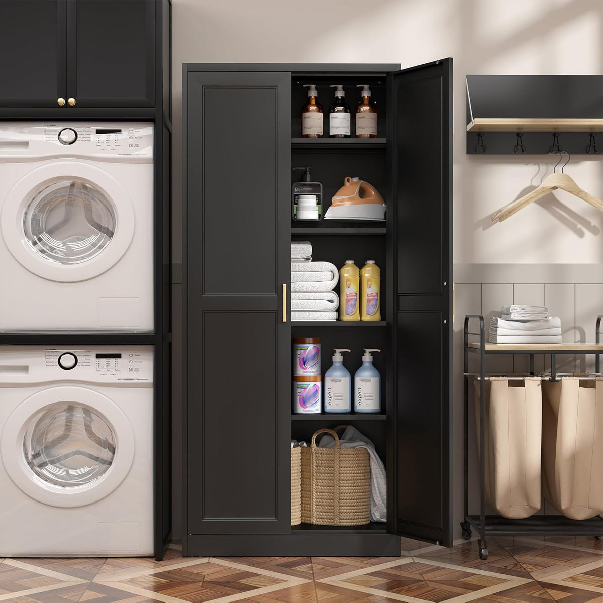 Kitchen Pantry Cabinet,71”Black Metal Pantry Storage Cabinet with Doors and 4 Adjustable