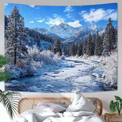 AMM Winter Forest Snow Mountain Tapestry Snowy Pine Tree Woodland Tapestry for Bedroom Aesthetic