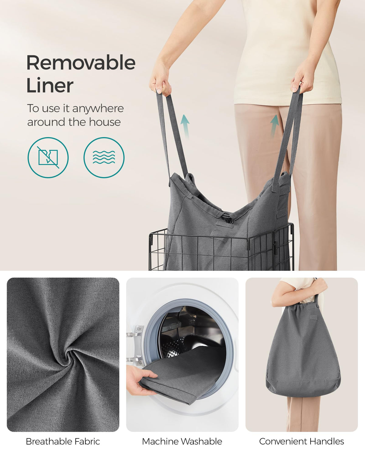 SONGMICS Laundry Hamper, 11 Gal. (50L) Laundry Basket, Collapsible Clothes Hamper, Removable and