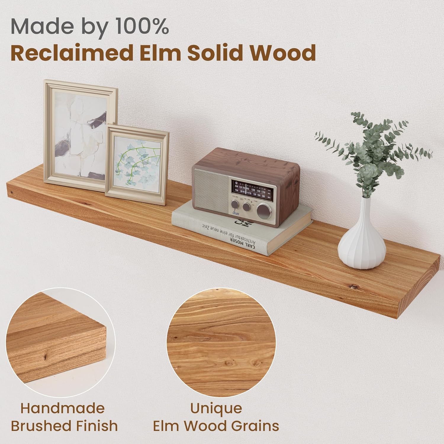 Floating Shelves for Wall Decor, 8" Deep Rustic Solid Elm Wood Floating Shelves Wall Mounted, Wall