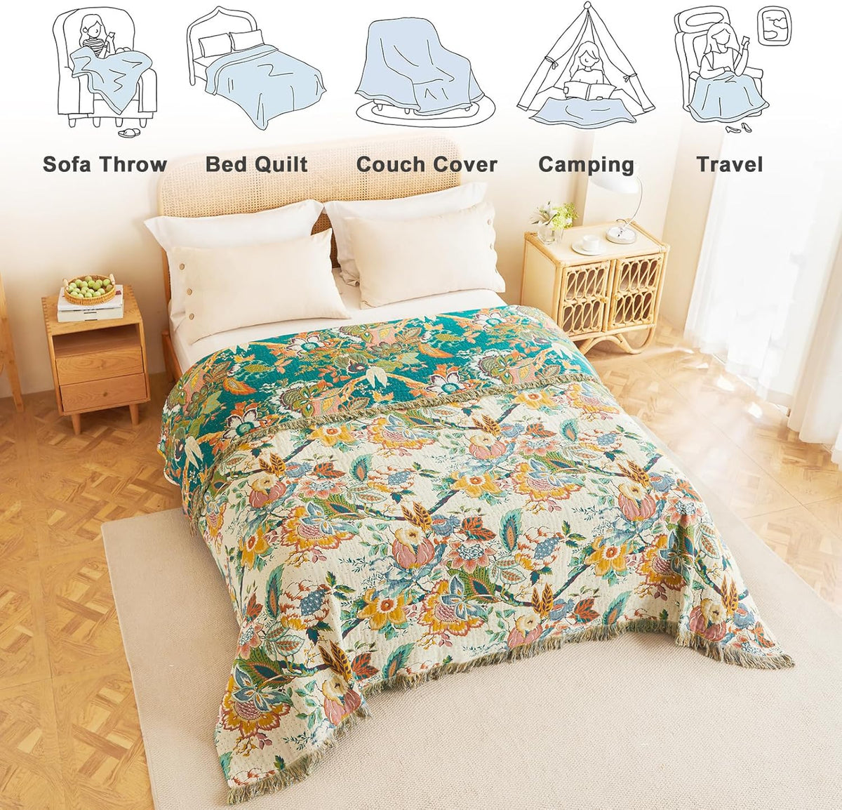 MSGKV Boho Throw Blanket for Couch Bed Chair 100% Cotton Muslin Breathable Vine Embroidery Blanket