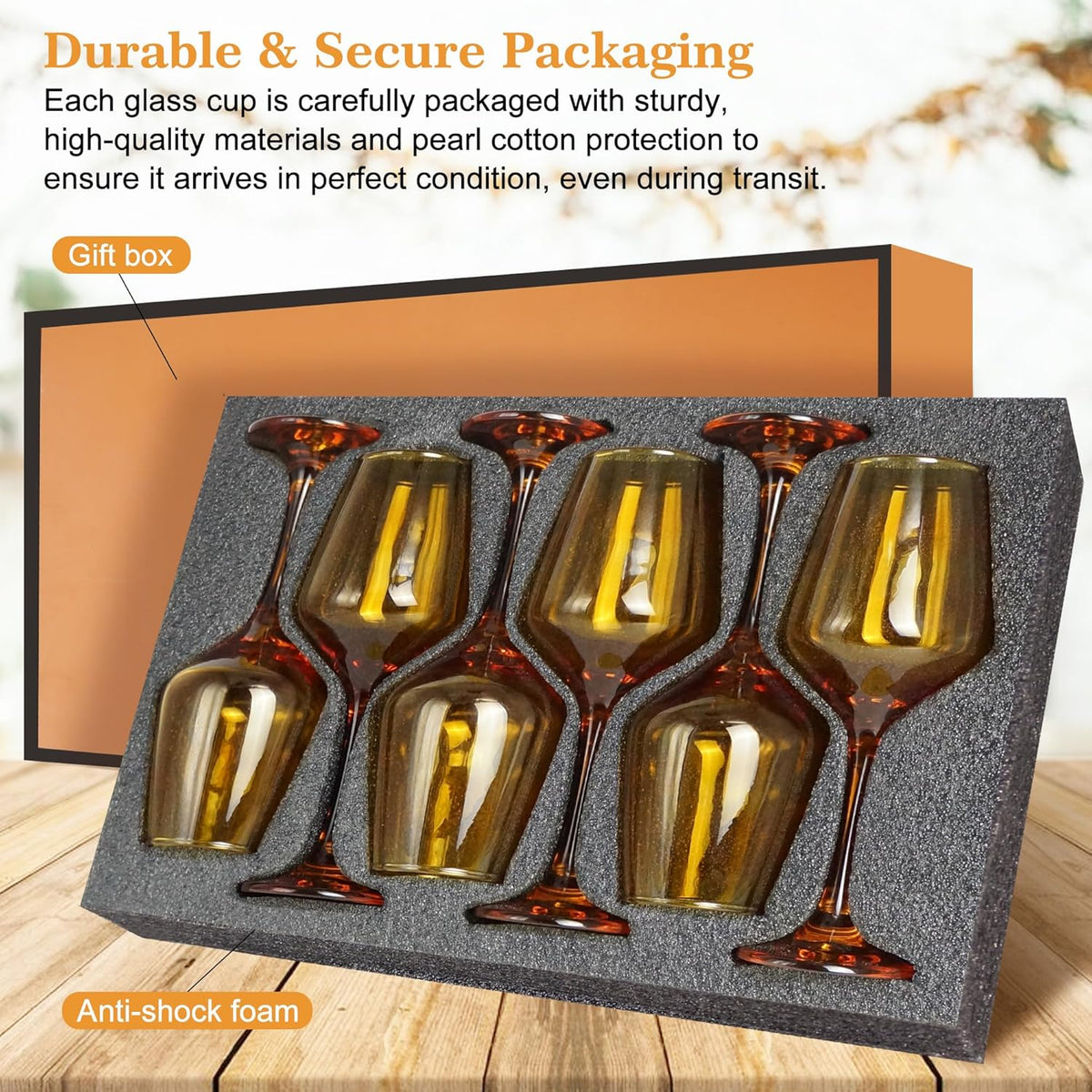Amber Wine Glasses Set of 6-12oz Amber Long Stem Wine Glass Cups, Pretty Crystal Glassware, Hand