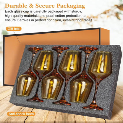 Amber Wine Glasses Set of 6-12oz Amber Long Stem Wine Glass Cups, Pretty Crystal Glassware, Hand
